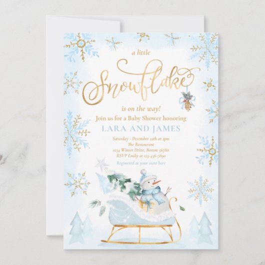 赤ちゃんシャワーがインビに行く途中に少し雪の結晶がある 招待状 (正面)