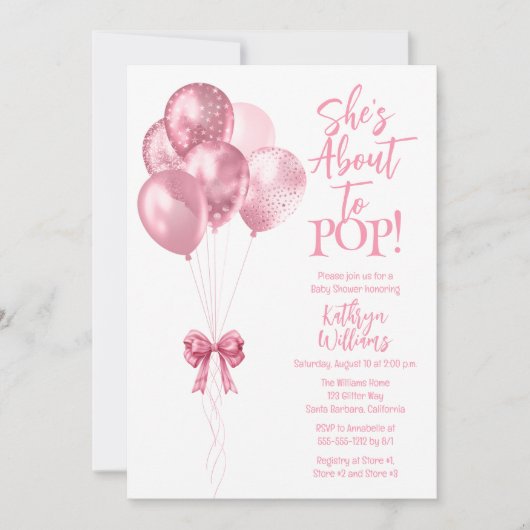 赤ちゃんシャワーがポップ・アートの近いピンク色の風船 招待状 (正面)