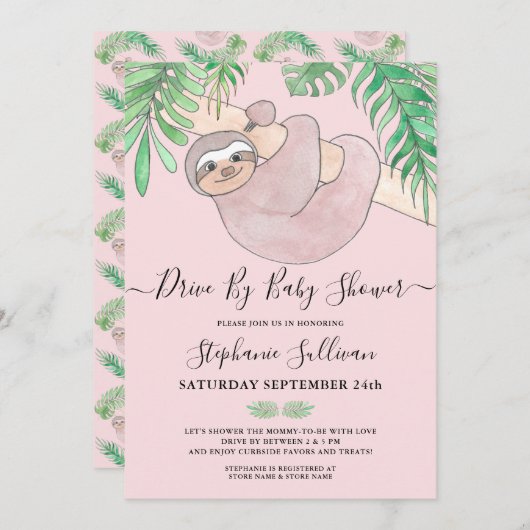 赤ちゃんシャワーでかわいいピンクのナマケモノのドライブ 招待状 (正面/裏面)