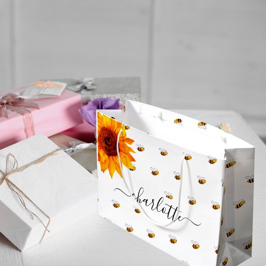 赤ちゃんシャワーでこぼこ蜂の素朴なヒマワリの名前 ラージペーパーバッグ