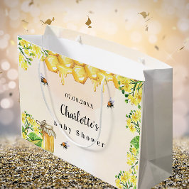 赤ちゃんシャワーでぶつぶつ蜂ハニーイエロー花模様名 ラージペーパーバッグ