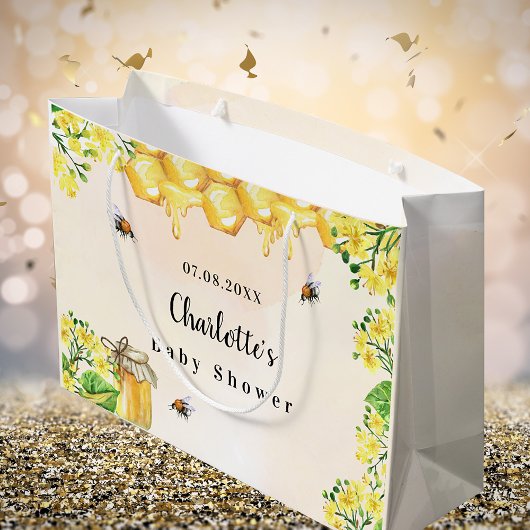 赤ちゃんシャワーでぶつぶつ蜂ハニーイエロー花模様名 ラージペーパーバッグ