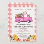 赤ちゃんシャワーでウッドランドピンクのトラックをドライブ 招待状 (正面/裏面)