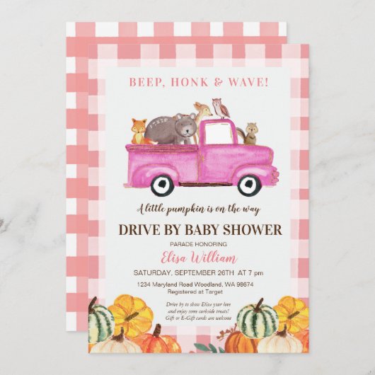赤ちゃんシャワーでウッドランドピンクのトラックをドライブ 招待状 (正面/裏面)