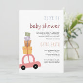 赤ちゃんシャワーでギフトが楽しめる、かわいいピンクの車 招待状 (スタンド正面)
