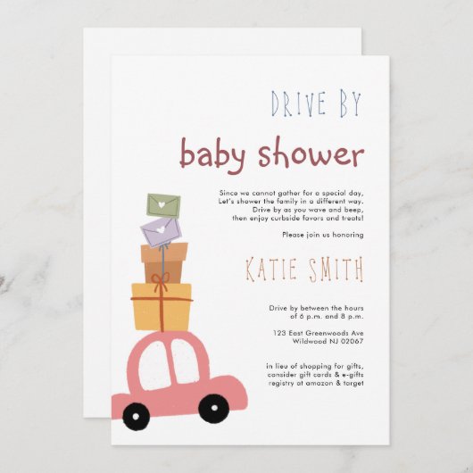 赤ちゃんシャワーでギフトが楽しめる、かわいいピンクの車 招待状 (正面/裏面)