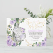 赤ちゃんシャワーでシックな紫のフローラゾウのドライブ 招待状 (スタンド正面)