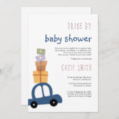 赤ちゃんシャワーでドライブするギフト付きかわいい青の車 招待状 (正面/裏面)