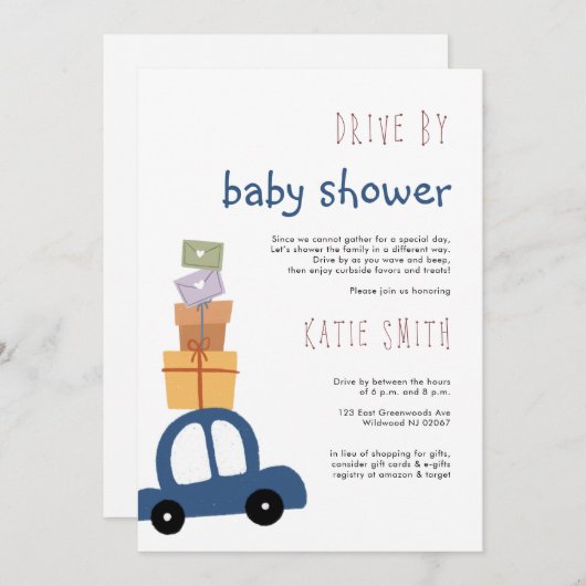 赤ちゃんシャワーでドライブするギフト付きかわいい青の車 招待状 (正面/裏面)