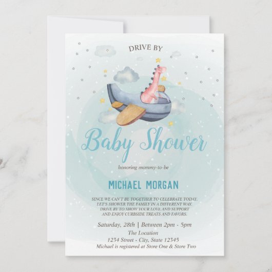 赤ちゃんシャワーでドライブするディノ飛行機 招待状 (正面)