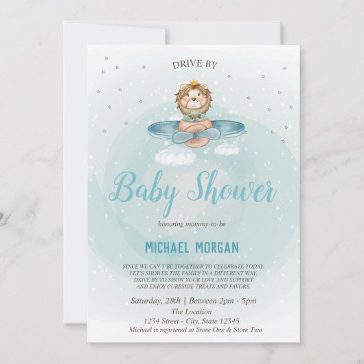 赤ちゃんシャワーでドライブするライオン飛行機 招待状 (正面)