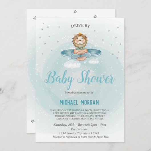 赤ちゃんシャワーでドライブするライオン飛行機 招待状 (正面/裏面)
