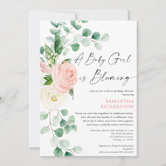 赤ちゃんシャワーでドライブ赤ちゃん女の子が咲いている春 招待状 (正面)
