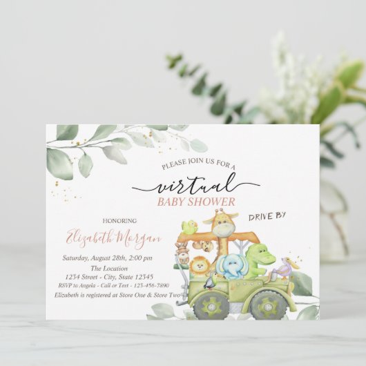 赤ちゃんシャワーでバーチャルにドライブする野生動物 招待状 (スタンド正面)