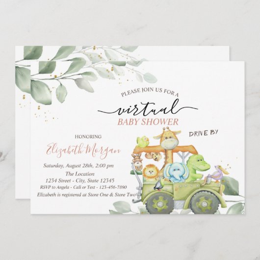 赤ちゃんシャワーでバーチャルにドライブする野生動物 招待状 (正面/裏面)