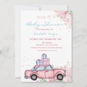 赤ちゃんシャワーでピンクの車のプレゼントフローラドライブ 招待状 (正面)