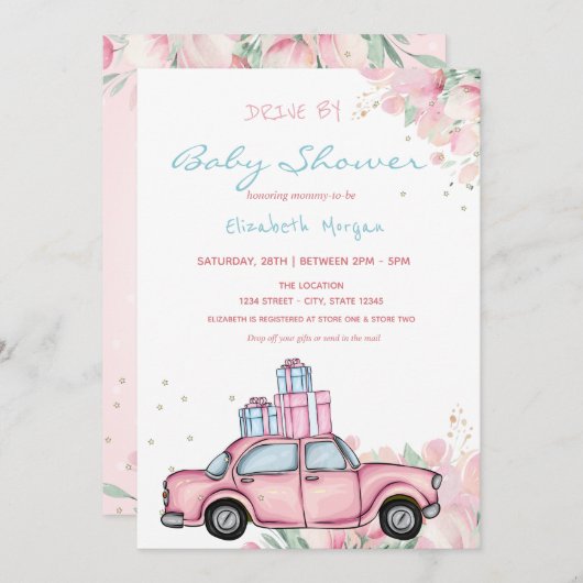赤ちゃんシャワーでピンクの車のプレゼントフローラドライブ 招待状 (正面/裏面)