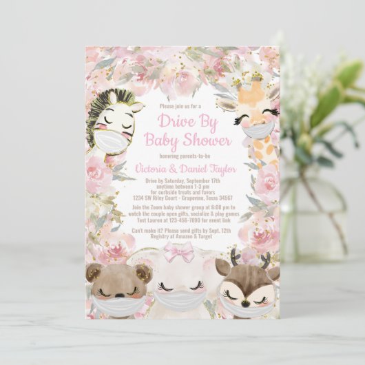 赤ちゃんシャワーでマスクを付けた女の子の動物 招待状 (スタンド正面)