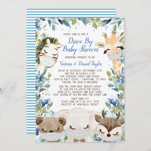 赤ちゃんシャワーでマスクを付けた男の子の動物 招待状 (正面/裏面)