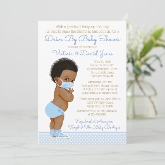 赤ちゃんシャワーでマスクを駆動するアフロヘアボーイ 招待状 (スタンド正面)
