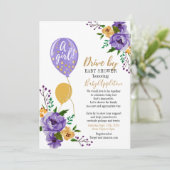 赤ちゃんシャワーで紫と金ゴールドのフローラドライブ 招待状 (スタンド正面)