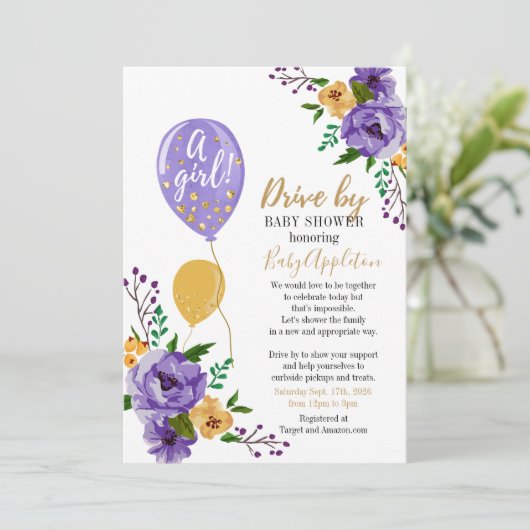 赤ちゃんシャワーで紫と金ゴールドのフローラドライブ 招待状 (スタンド正面)