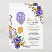 赤ちゃんシャワーで紫と金ゴールドのフローラドライブ 招待状 (正面/裏面)