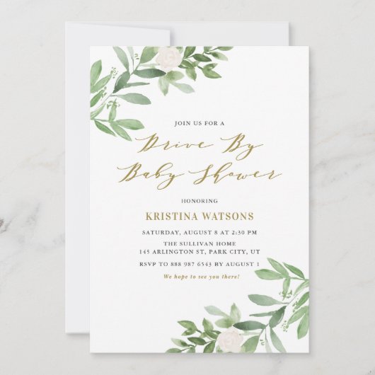 赤ちゃんシャワーで緑と白の花をドライブ 招待状 (正面)