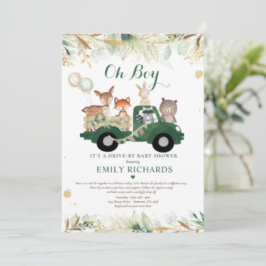 赤ちゃんシャワーで緑の森の動物 招待状 (スタンド正面)