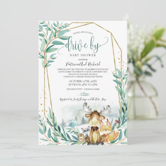 赤ちゃんシャワーで緑の森の動物 招待状 (スタンド正面)