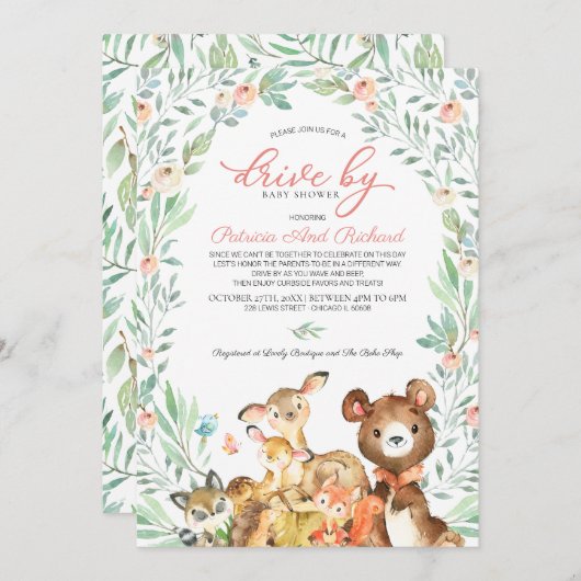 赤ちゃんシャワーで緑の森の動物 招待状 (正面/裏面)