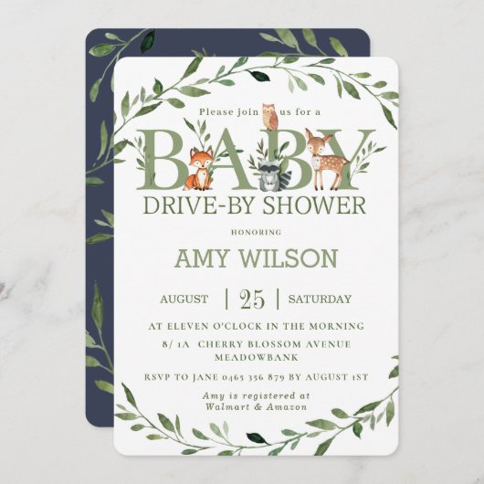赤ちゃんシャワーで緑の森の動物 招待状 (正面/裏面)