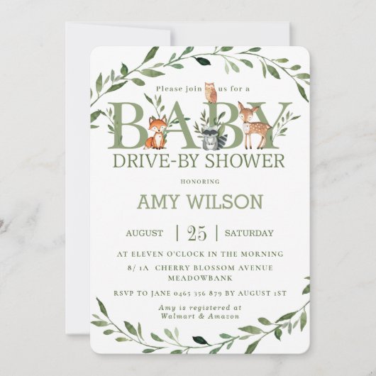 赤ちゃんシャワーで緑の森の動物 招待状 (正面)