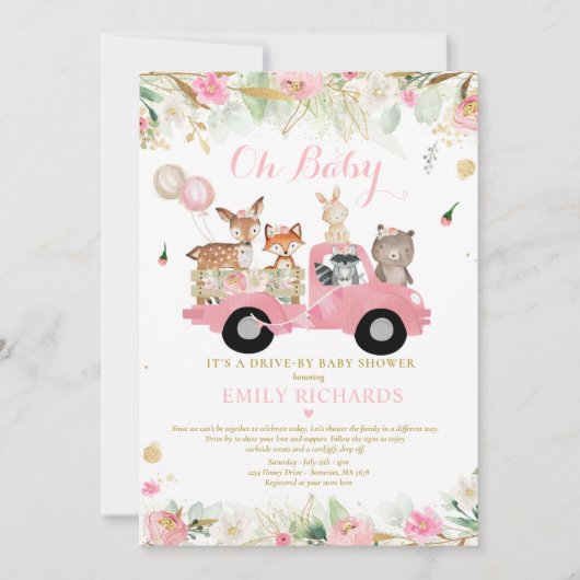 赤ちゃんシャワーで緑の森の動物 招待状 (正面)