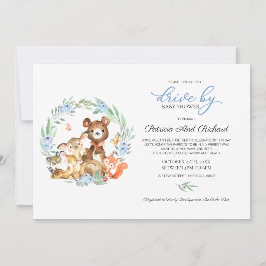 赤ちゃんシャワーで緑の森の動物 招待状 (正面)