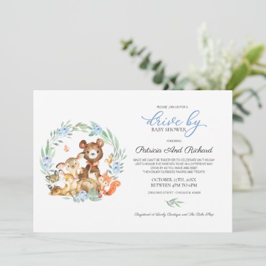 赤ちゃんシャワーで緑の森の動物 招待状 (スタンド正面)