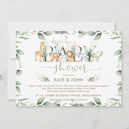 赤ちゃんシャワーで緑豊かなシックなジャングル動物 招待状 (正面)