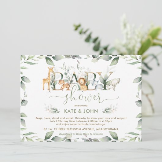 赤ちゃんシャワーで緑豊かなシックなジャングル動物 招待状 (スタンド正面)