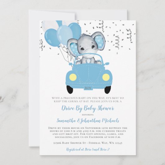 赤ちゃんシャワーで車を走らせたかわいいゾウの風船 招待状 (正面)