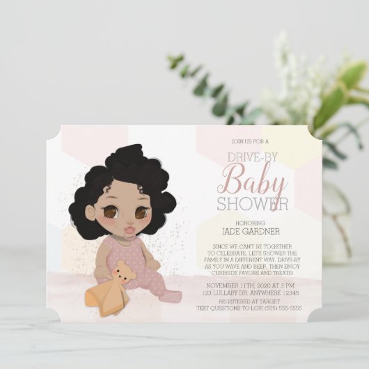 赤ちゃんシャワーによるピンクのカーリーヘアドライブ招待状4 招待状 (スタンド正面)