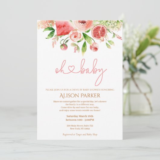 赤ちゃんシャワーによるピンクのバラフローラの緑のドライブ 招待状 (スタンド正面)