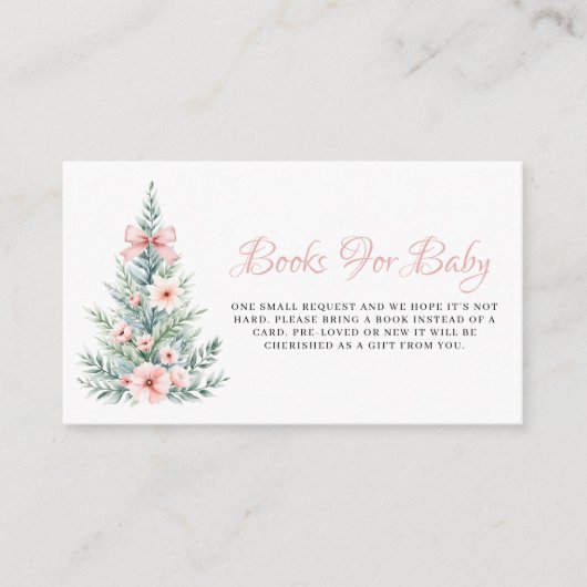 赤ちゃんシャワーのためのピンクの女の子クリスマスツリーの本 エンクロージャーカード (正面)