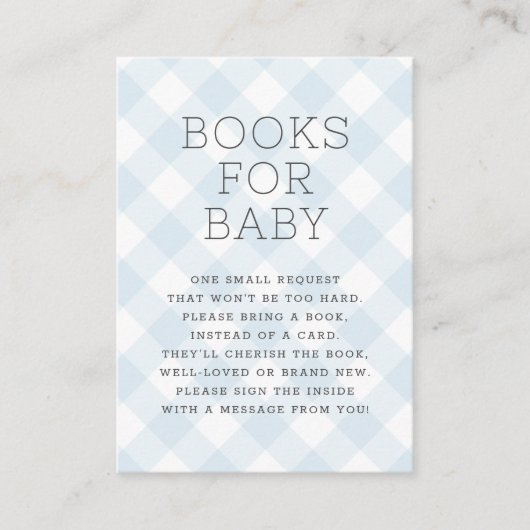 赤ちゃんシャワーのための甘い少年ブルーギンガムの本 エンクロージャーカード (正面)