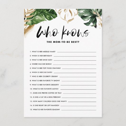 赤ちゃんシャワーのゲームを母最高のに知っている熱帯 エンクロージャーカード (正面)