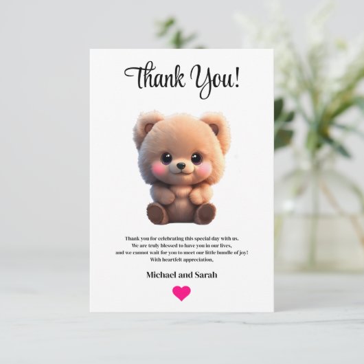 赤ちゃんシャワーのテディベアを待つことができる サンキューカード (スタンド正面)