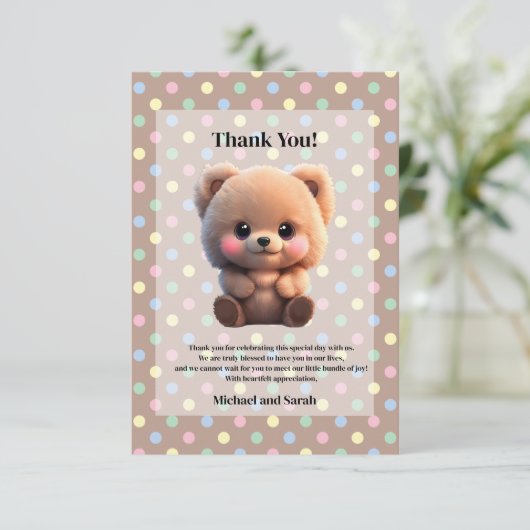 赤ちゃんシャワーのテディベアを待つことができる サンキューカード (スタンド正面)