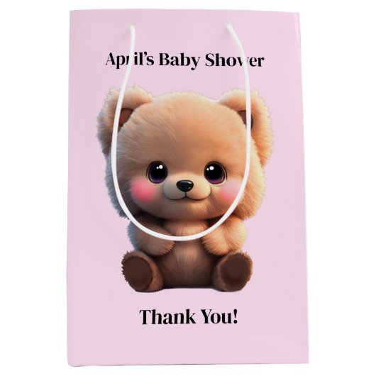 赤ちゃんシャワーのテディベアを待つことができる ミディアムペーパーバッグ (正面)