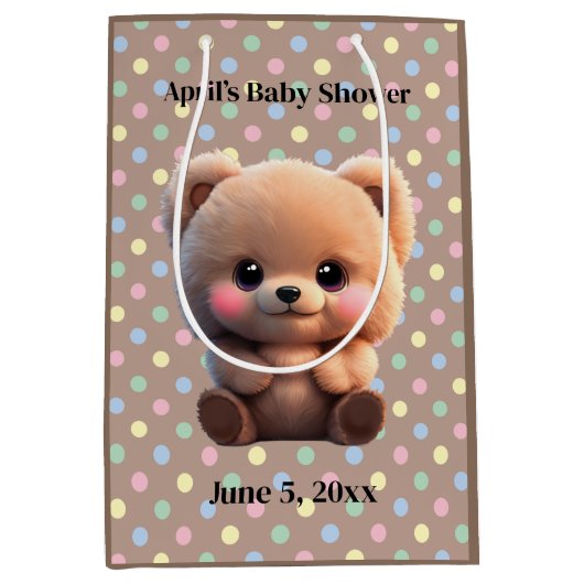 赤ちゃんシャワーのテディベアを待つことができる ミディアムペーパーバッグ (正面)