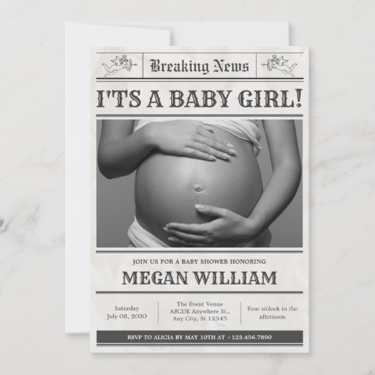 赤ちゃんシャワーのニュース紙写真 招待状 (正面)