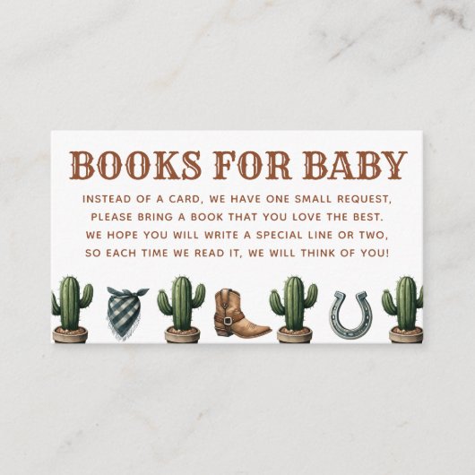 赤ちゃんシャワーのブックリクエストのための小さなカウボーイの本 エンクロージャーカード (正面)